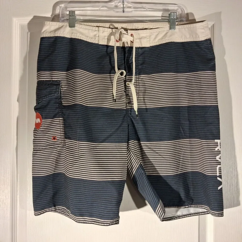 RVCA swim trunks board shorts mens 36 blue striped classic non-stretch surf